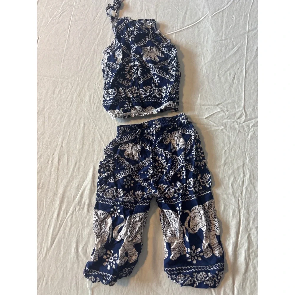 Unbranded Elephant Print Set Kids Baby Navy Blue‎ Boho Halter Pants